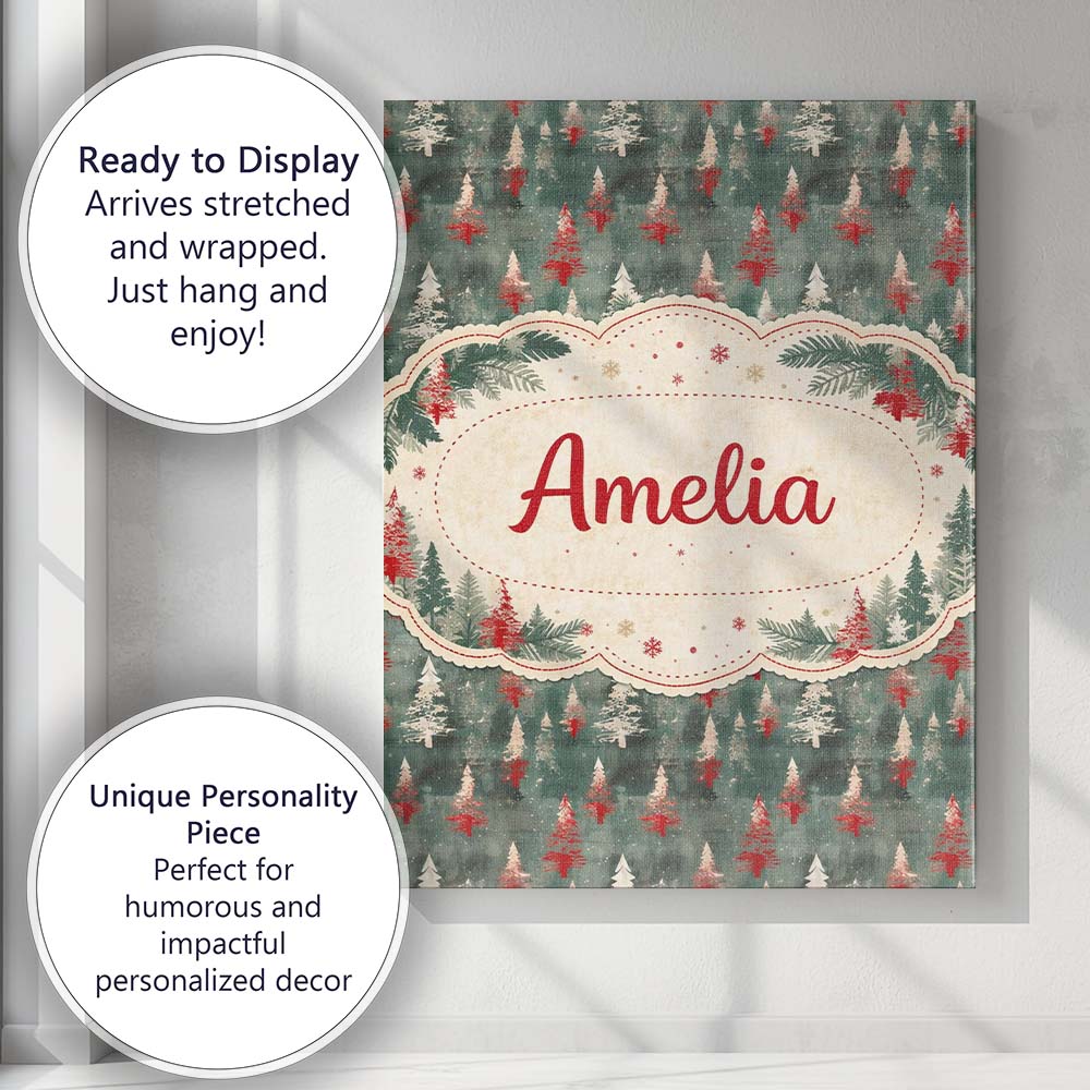 Personalised Name Abstract Watercolor Christmas Trees Green Artistic Custom Home Canvas Wall Art Print Decor Picture Ready to Hang