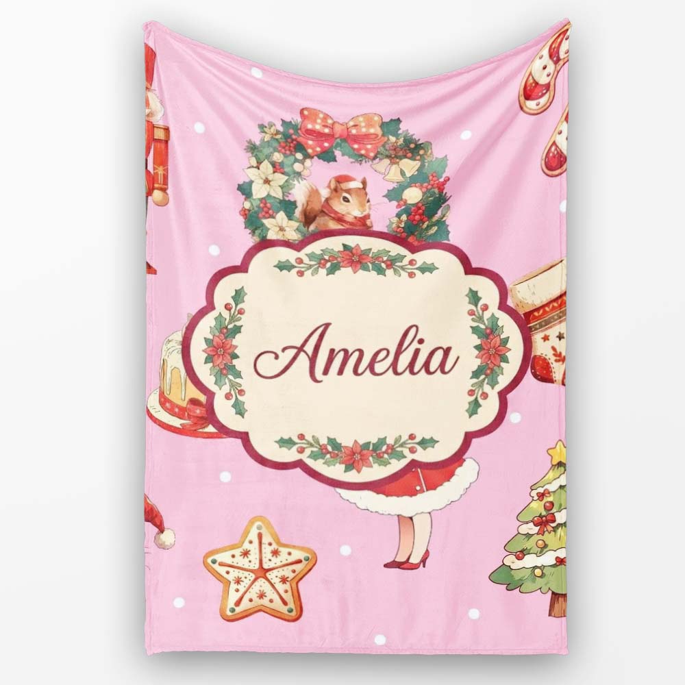 Nutcracker Wreath Cake Girl on Pink Background with Polka Dots Personalised Custom Name Super Soft Fleece Blanket Bed Sofa Throw