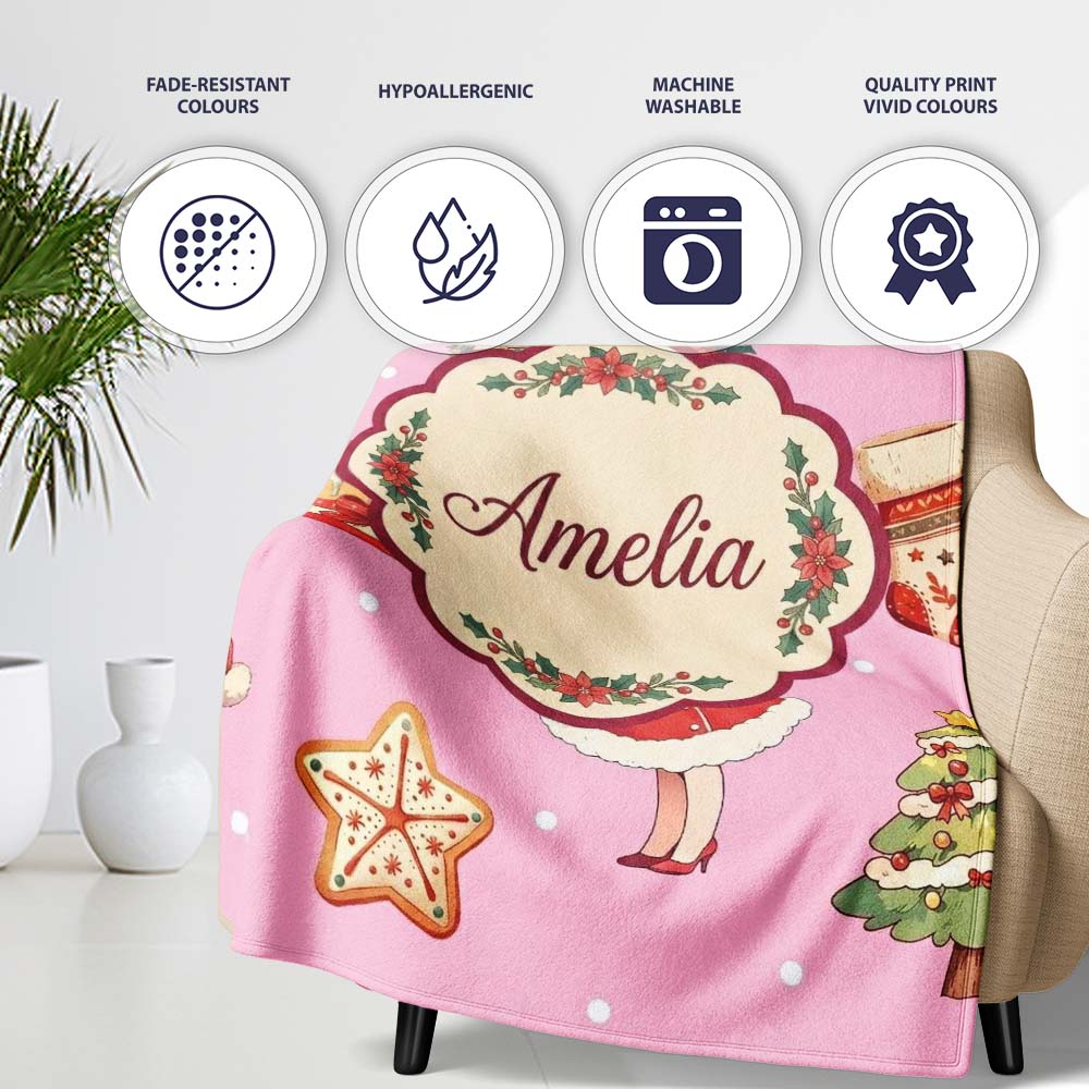 Nutcracker Wreath Cake Girl on Pink Background with Polka Dots Personalised Custom Name Super Soft Fleece Blanket Bed Sofa Throw