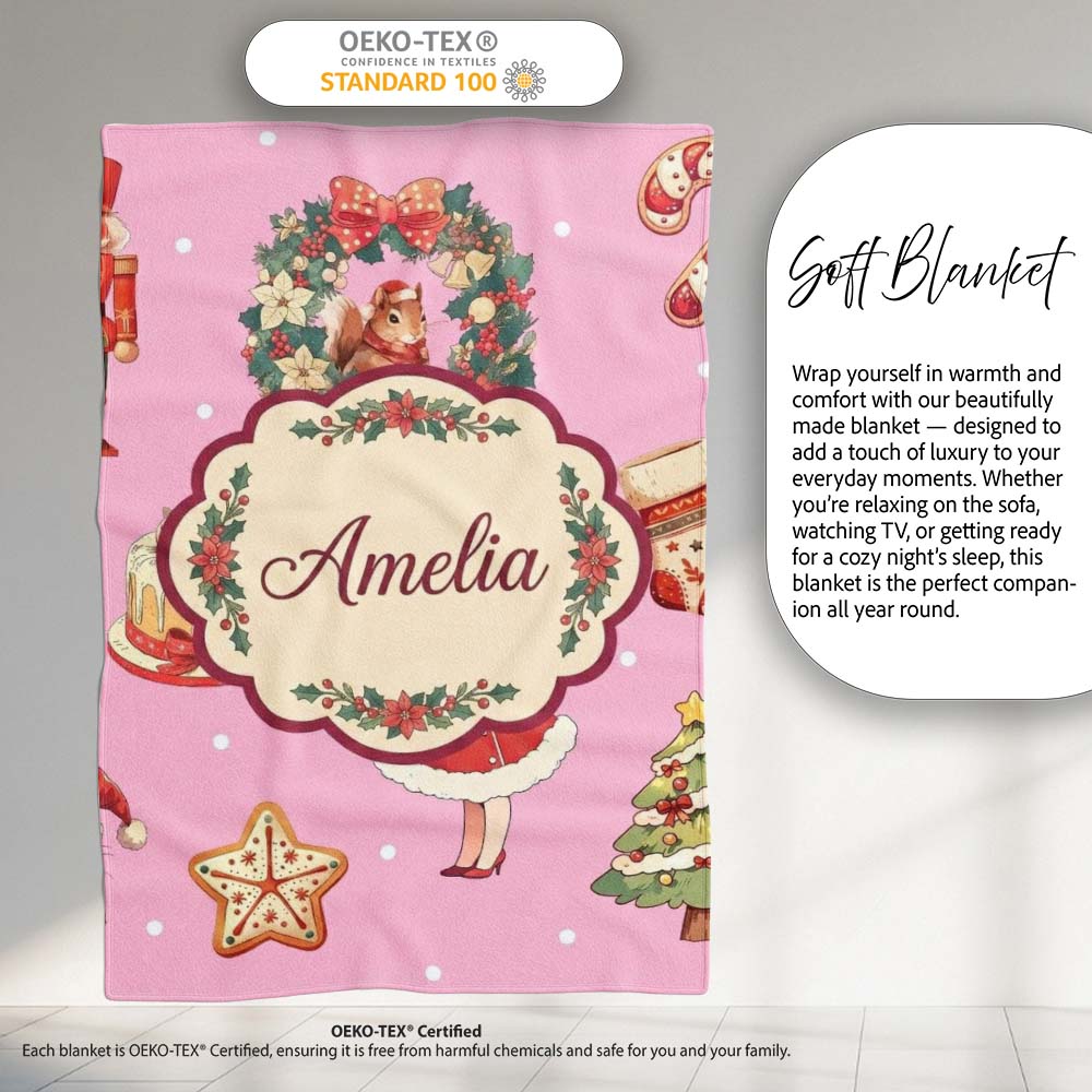 Nutcracker Wreath Cake Girl on Pink Background with Polka Dots Personalised Custom Name Super Soft Fleece Blanket Bed Sofa Throw