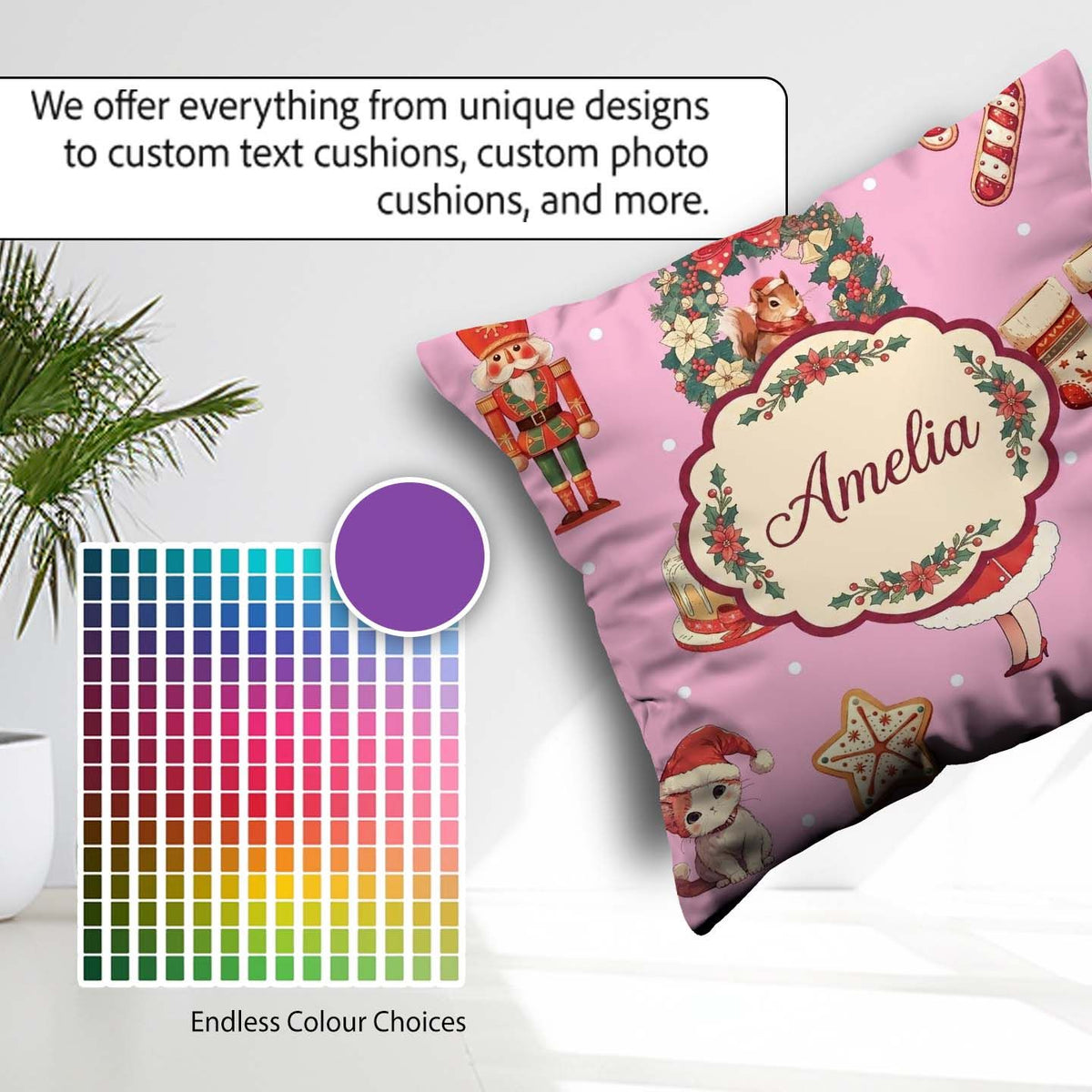 Custom Name Nutcracker Wreath Cake Girl on Pink with Polka Dots Square Filled Cushion Throw Pillow Sofa Bed Home Decor Zip Washable UK Made