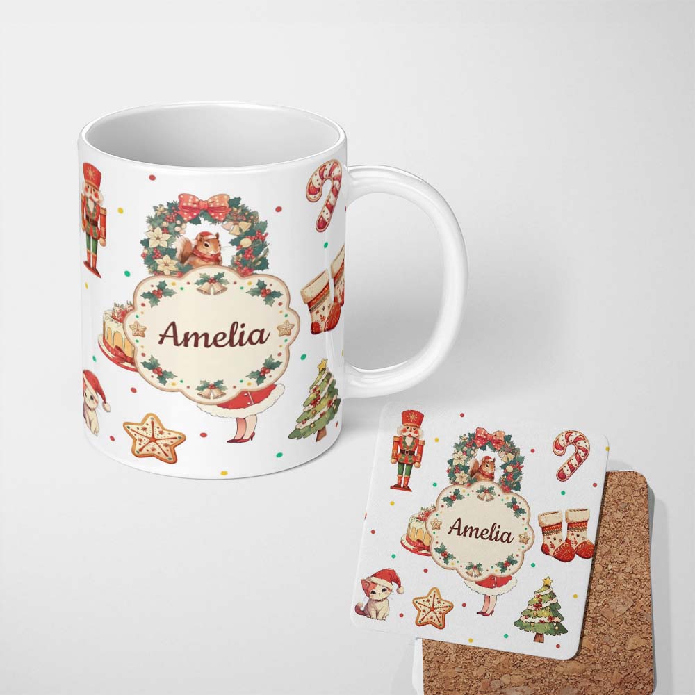 Personalized Custom Name Nutcracker Wreath Cake Girl Christmas Tree on Light Grey Background 11oz Ceramic Coffee Tea Mug White Large Handle