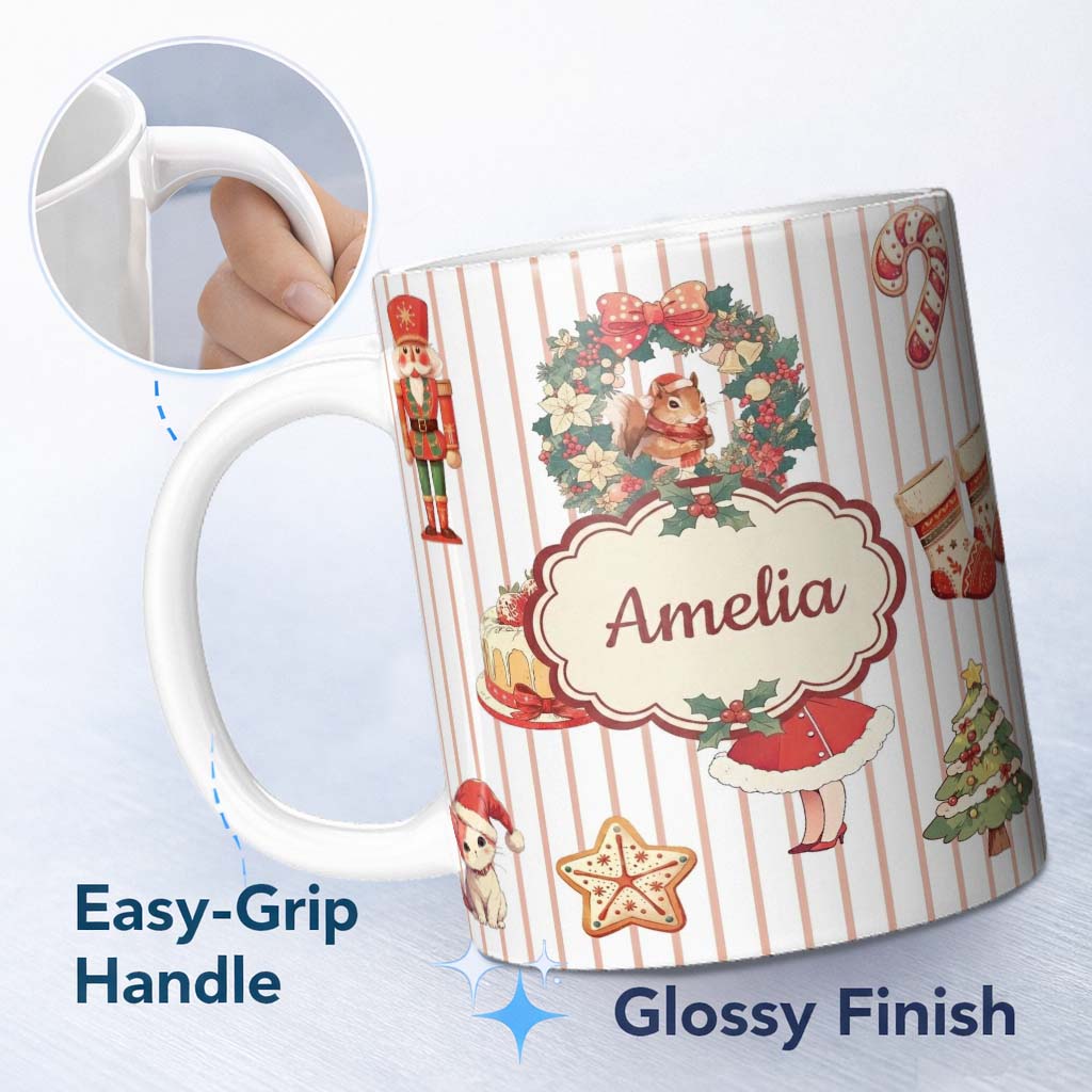 Personalized Custom Name Nutcracker Wreath Cake Girl Christmas Tree on Beige Stripe 11oz Ceramic Coffee Tea Mug White Large Handle
