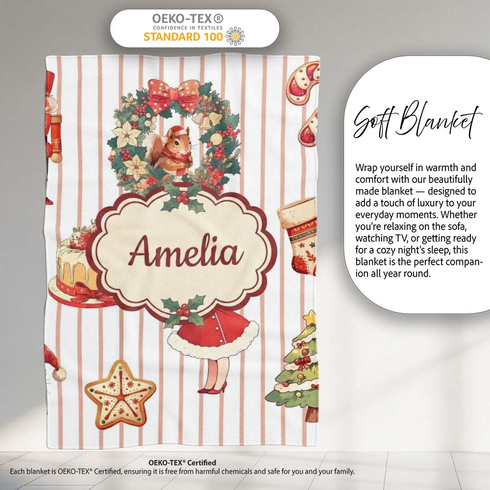 Nutcracker Wreath Cake Girl Christmas Tree on Beige Stripe Personalised Custom Name Super Soft Fleece Blanket Bed Sofa Throw
