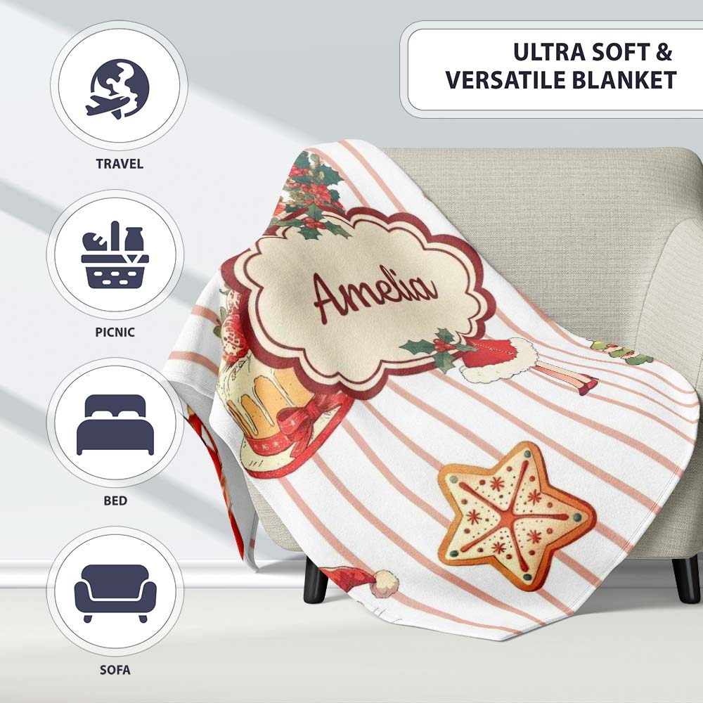 Nutcracker Wreath Cake Girl Christmas Tree on Beige Stripe Personalised Custom Name Super Soft Fleece Blanket Bed Sofa Throw