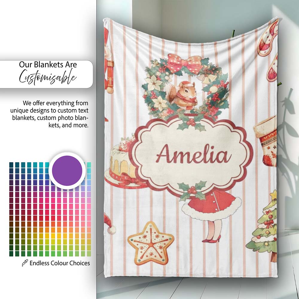 Nutcracker Wreath Cake Girl Christmas Tree on Beige Stripe Personalised Custom Name Super Soft Fleece Blanket Bed Sofa Throw