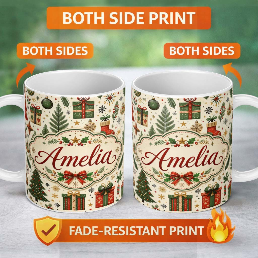 Personalized Custom Name Festive Christmas Trees Baubles Gifts Seamless Pattern Holiday 11oz Ceramic Coffee Tea Mug White Large Handle