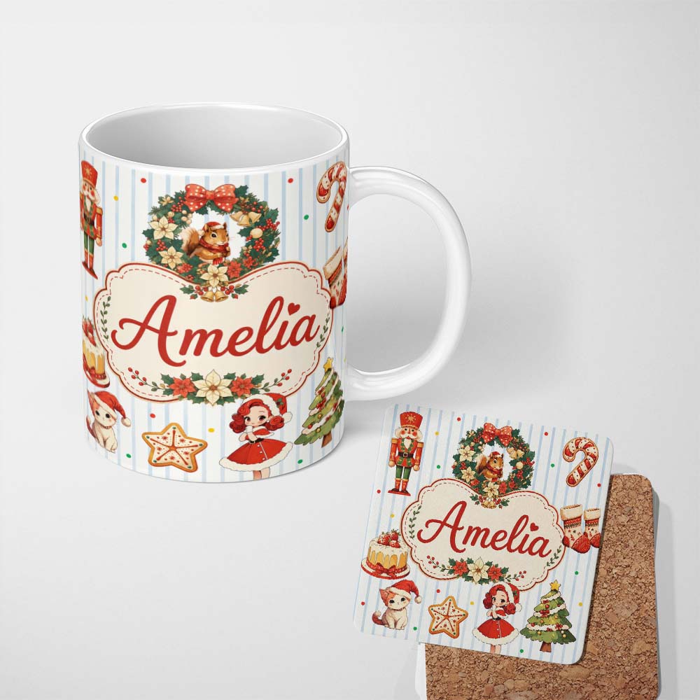 Personalized Custom Name Nutcracker Wreath Cake Girl Christmas Tree on Green Stripe 11oz Ceramic Coffee Tea Mug White Large Handle