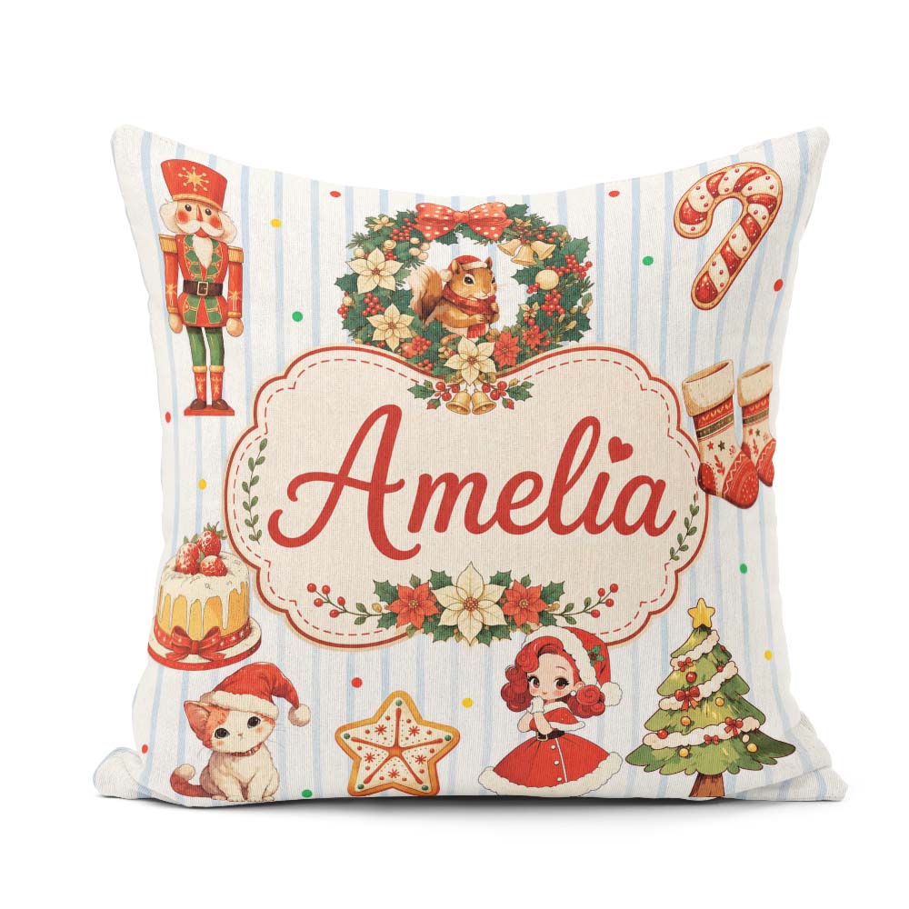 Custom Name Nutcracker Wreath Cake Girl Christmas Tree on Stripe Square Filled Cushion Throw Pillow Sofa Bed Home Decor Zip Washable UK Made