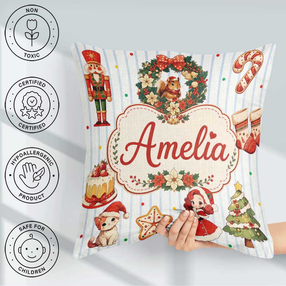 Custom Name Nutcracker Wreath Cake Girl Christmas Tree on Stripe Square Filled Cushion Throw Pillow Sofa Bed Home Decor Zip Washable UK Made