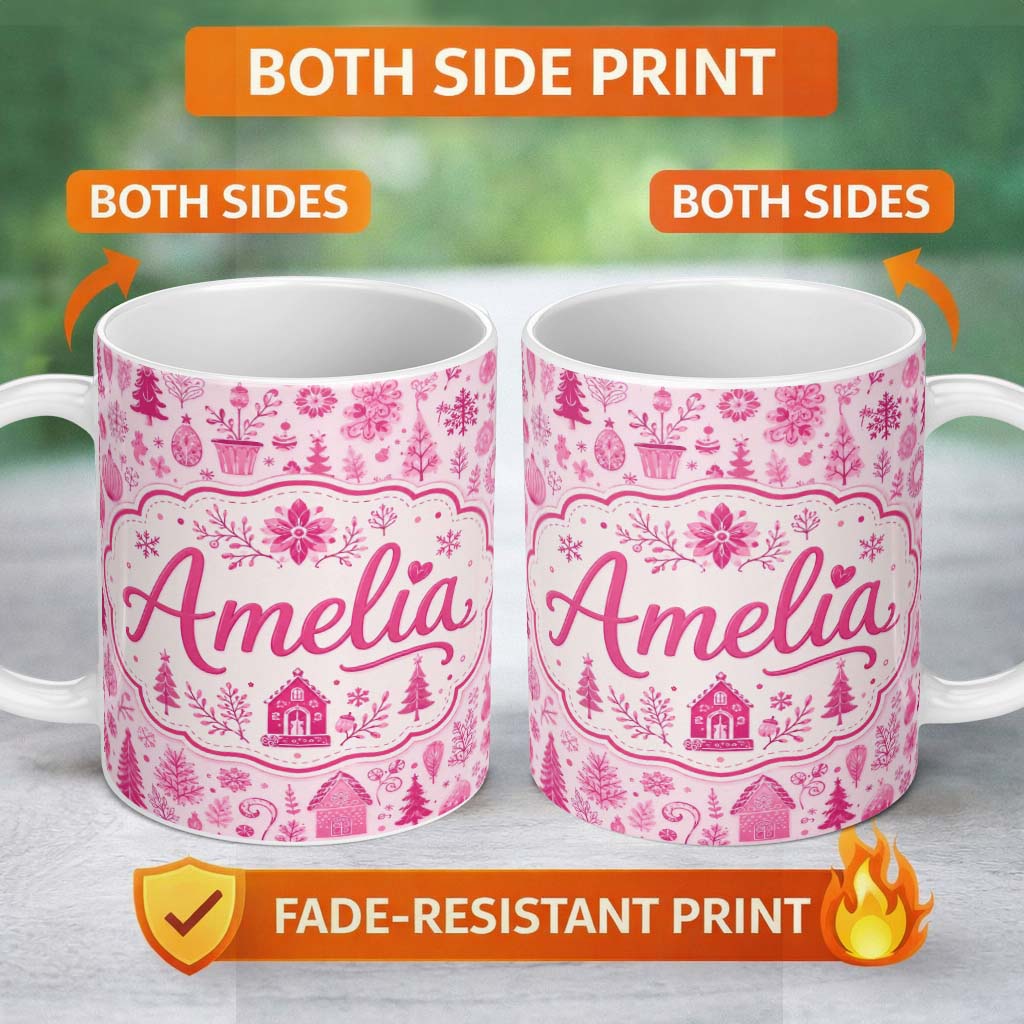 Personalized Custom Name Cute Pink Christmas Folk Art Seamless Pattern Thoughtful Gift Idea 11oz Ceramic Coffee Tea Mug White Large Handle