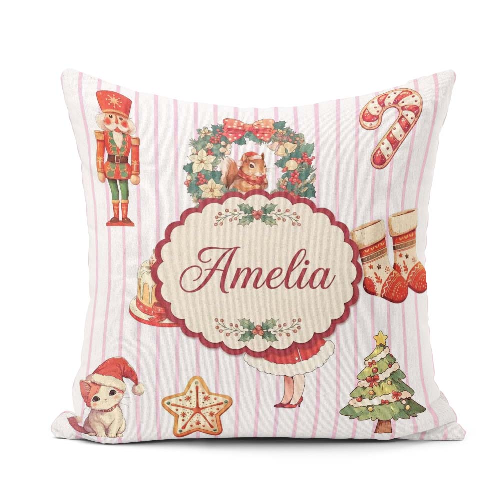 Custom Name Nutcracker Wreath Cake Girl Christmas Tree on Stripe Square Filled Cushion Throw Pillow Sofa Bed Home Decor Zip Washable UK Made