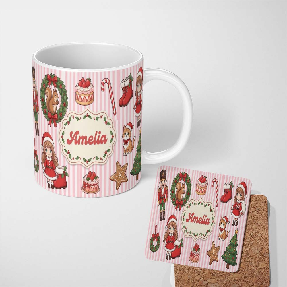 Personalized Custom Name Nutcracker Wreath Cake Girl Christmas Tree on Red Stripe Background 11oz Ceramic Coffee Tea Mug White Large Handle