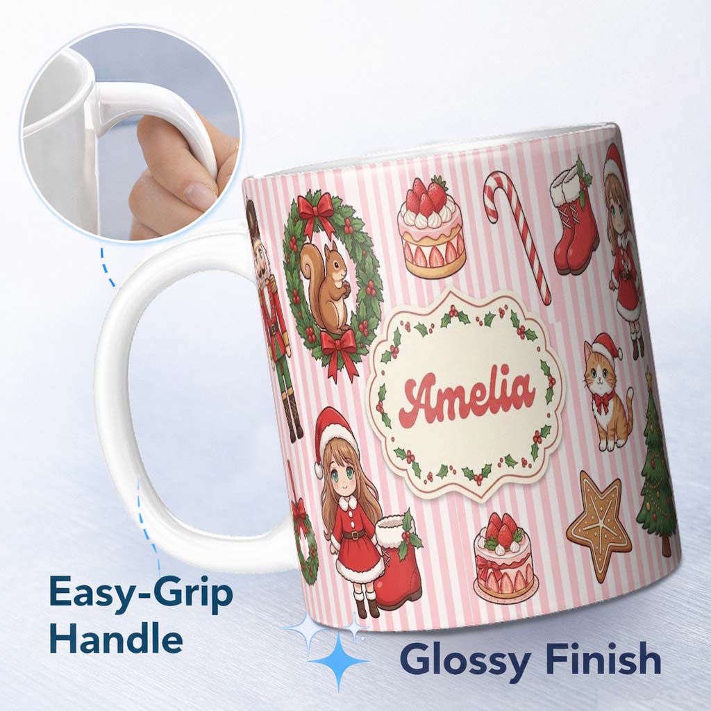Personalized Custom Name Nutcracker Wreath Cake Girl Christmas Tree on Red Stripe Background 11oz Ceramic Coffee Tea Mug White Large Handle