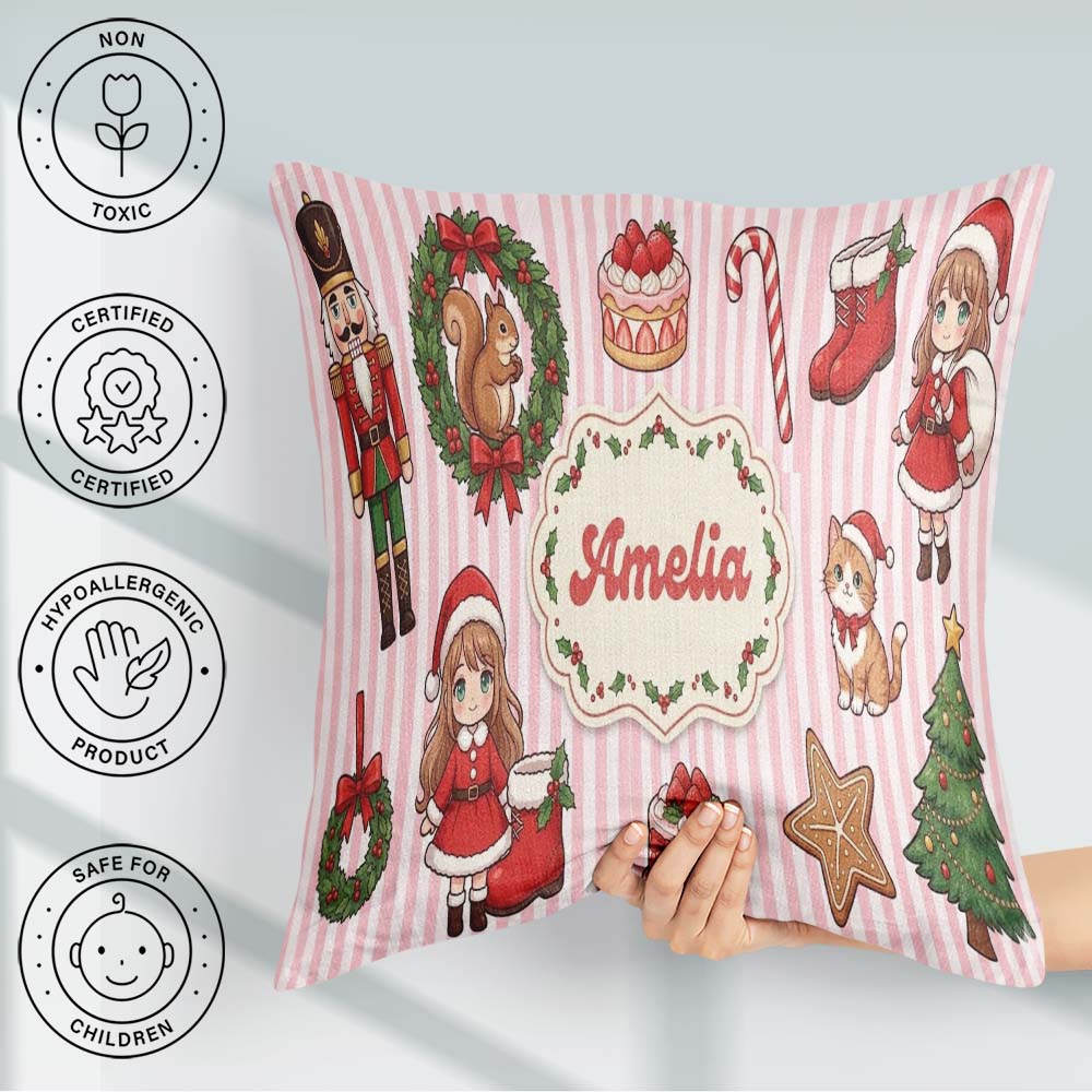 Custom Name Nutcracker Wreath Cake Girl Christmas Tree on Stripe Square Filled Cushion Throw Pillow Sofa Bed Home Decor Zip Washable UK Made