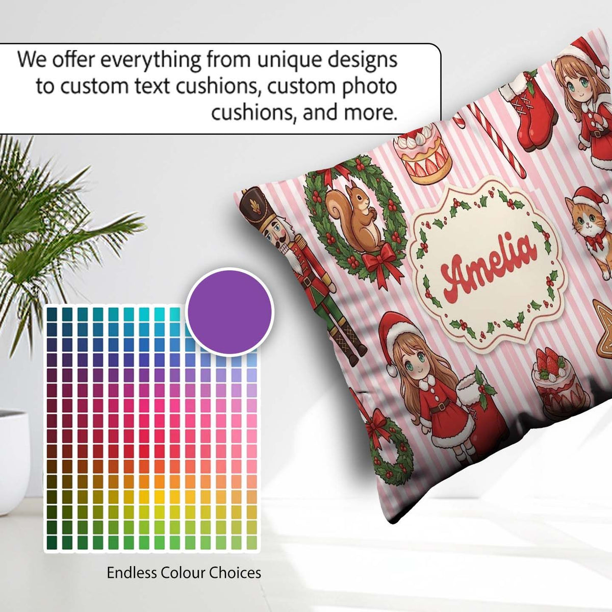 Custom Name Nutcracker Wreath Cake Girl Christmas Tree on Stripe Square Filled Cushion Throw Pillow Sofa Bed Home Decor Zip Washable UK Made