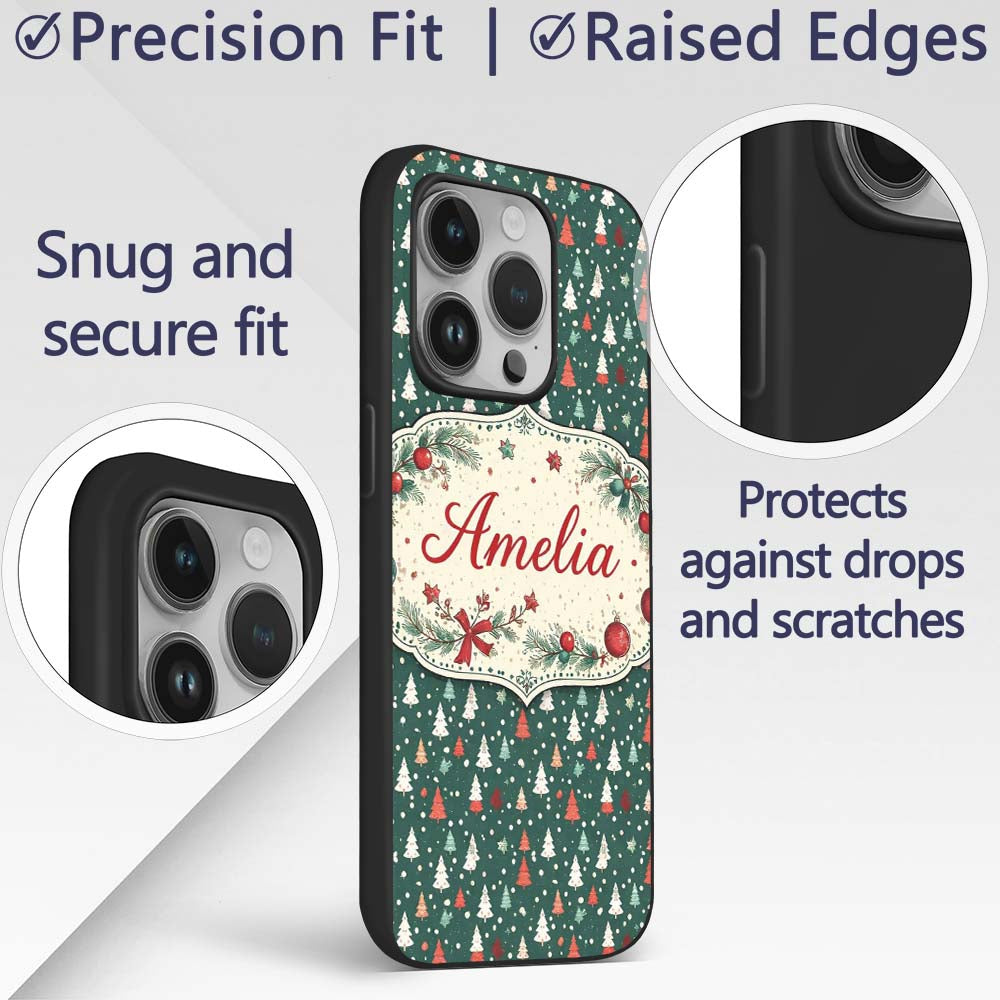 Minimal Christmas Trees Polka Dot Green Seamless Custom Name Protective Phone Case Mobile Cover Durable Everyday Smartphone Shock Resistant