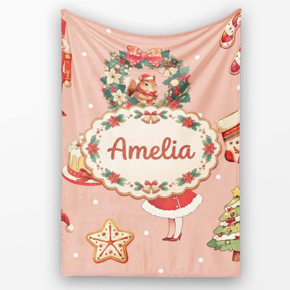 Nutcracker Wreath Cake Girl on Peach Background with Snow Dots Personalised Custom Name Super Soft Fleece Blanket Bed Sofa Throw