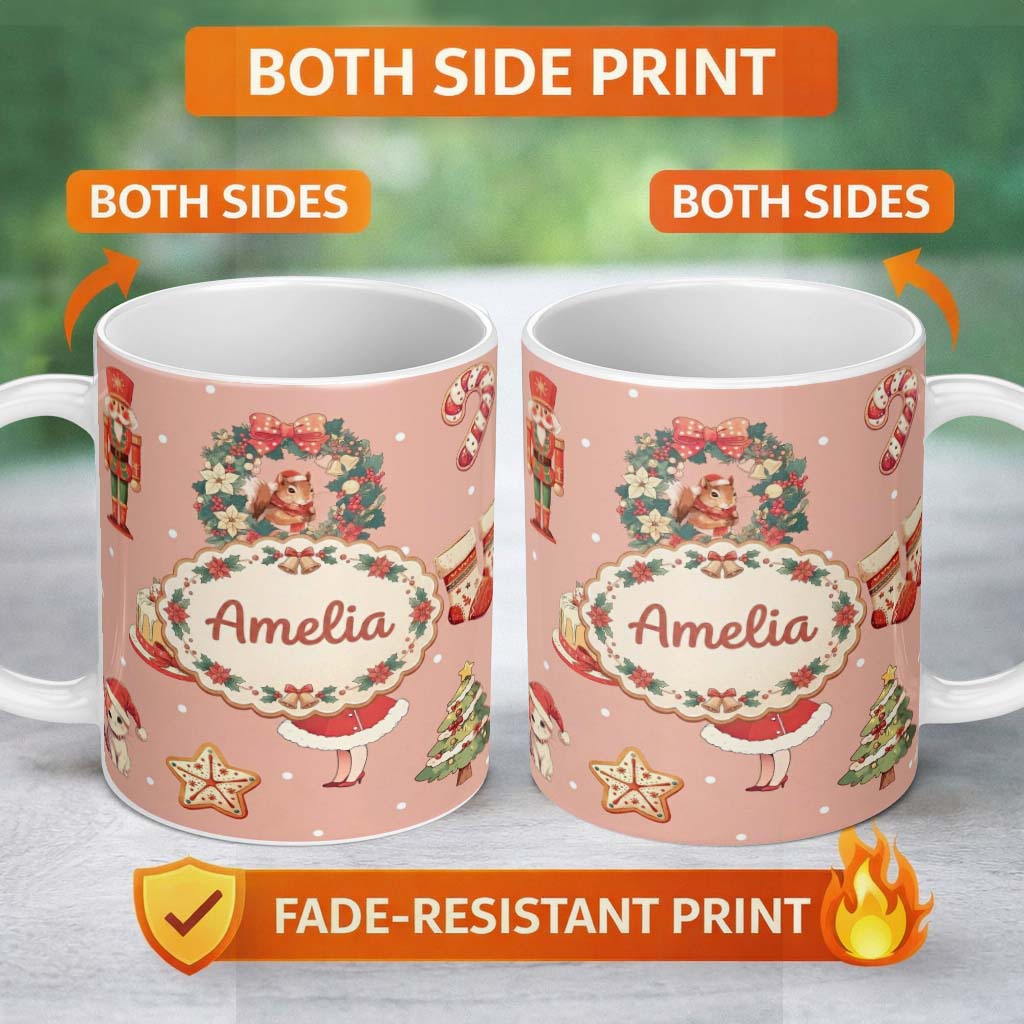 Personalized Custom Name Nutcracker Wreath Cake Girl on Peach Background with Snow Dots 11oz Ceramic Coffee Tea Mug White Large Handle
