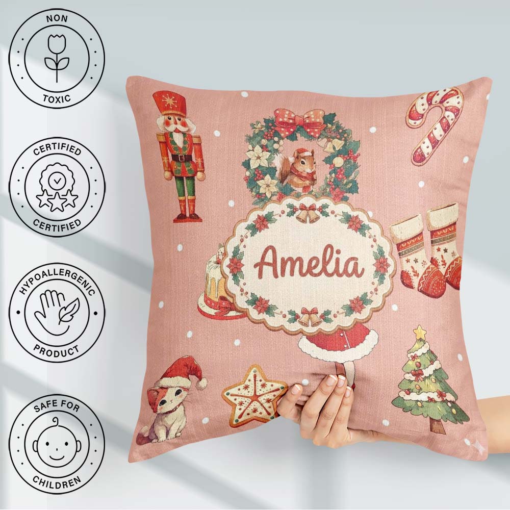Custom Name Nutcracker Wreath Cake Girl on Peach with Snow Dots Square Filled Cushion Throw Pillow Sofa Bed Home Decor Zip Washable UK Made