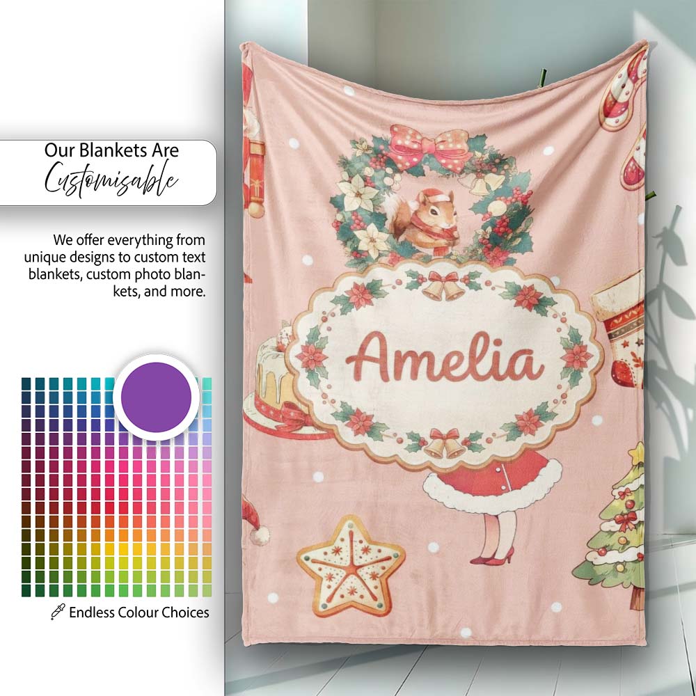 Nutcracker Wreath Cake Girl on Peach Background with Snow Dots Personalised Custom Name Super Soft Fleece Blanket Bed Sofa Throw