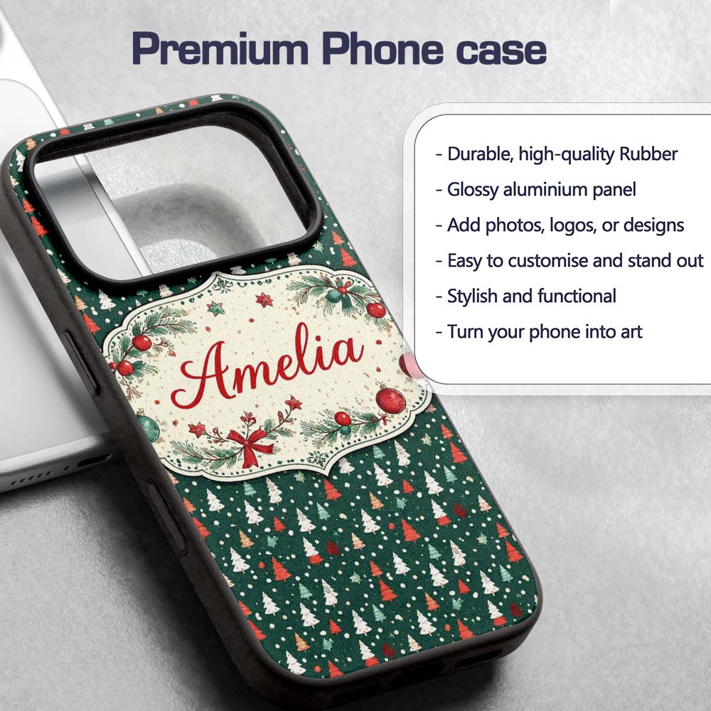 Minimal Christmas Trees Polka Dot Green Seamless Custom Name Protective Phone Case Mobile Cover Durable Everyday Smartphone Shock Resistant