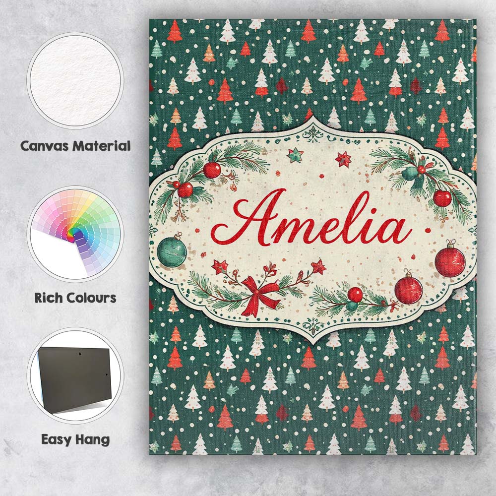 Personalised Name Minimal Christmas Trees Polka Dot Green Seamless Custom Unique Canvas Wall Art Print Decor Picture Ready to Hang