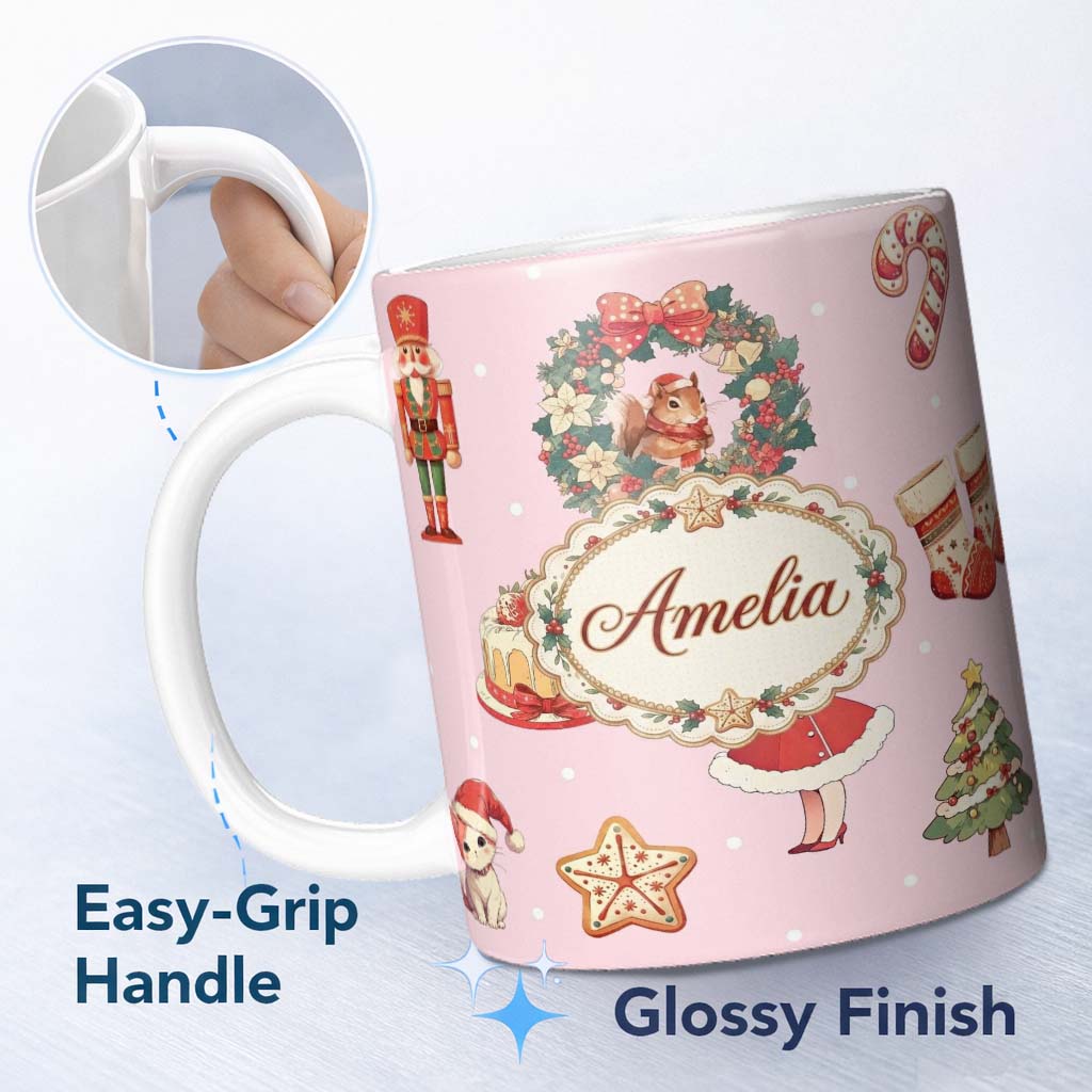 Personalized Custom Name Nutcracker Wreath Cake Girl on Soft Pink Background with Snow Dots 11oz Ceramic Coffee Tea Mug White Large Handle