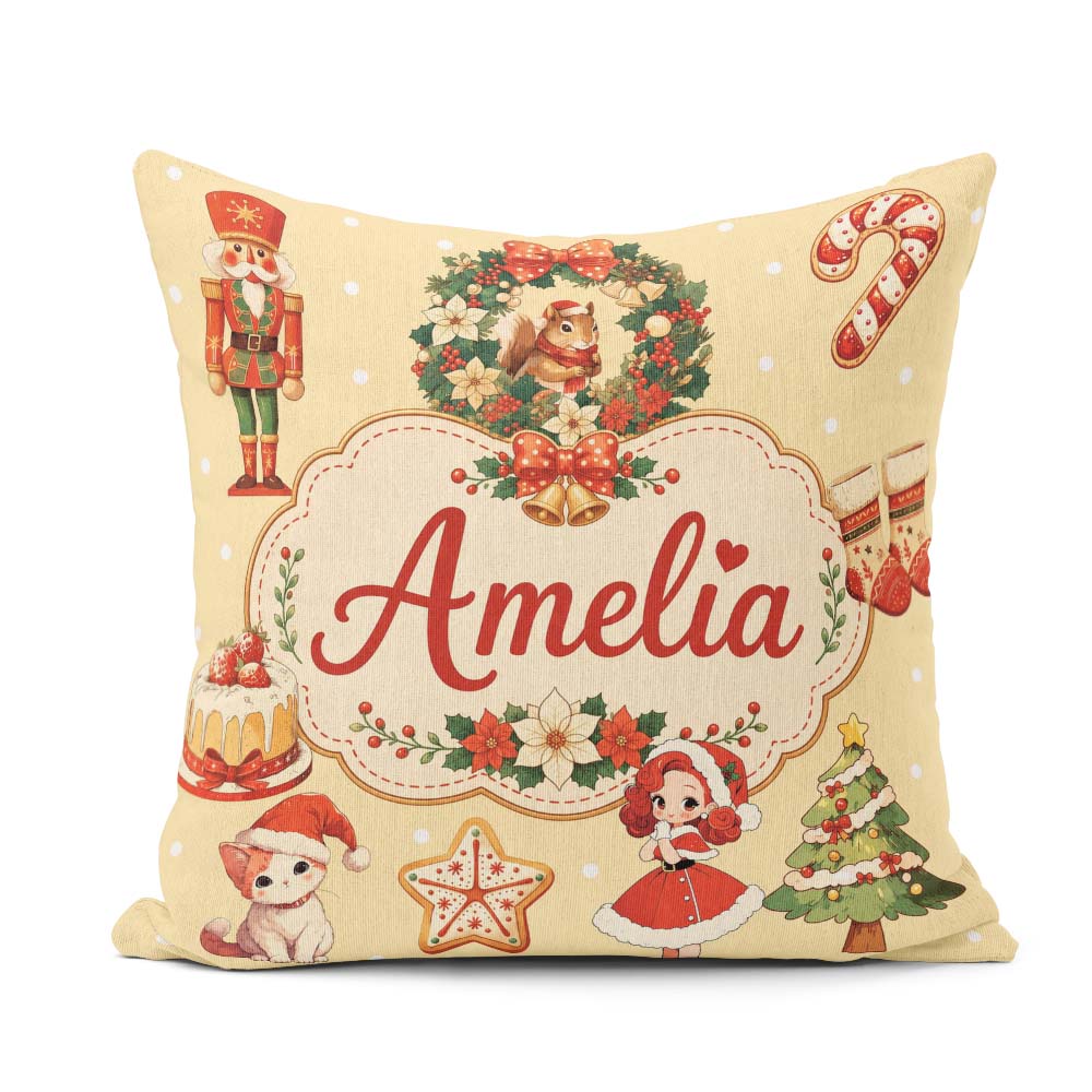 Custom Name Nutcracker Wreath Cake Girl on Warm Yellow with Snow Square Filled Cushion Throw Pillow Sofa Bed Home Decor Zip Washable UK Made
