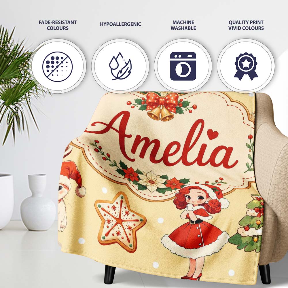 Nutcracker Wreath Cake Girl on Warm Yellow Background with Snow Personalised Custom Name Super Soft Fleece Blanket Bed Sofa Throw