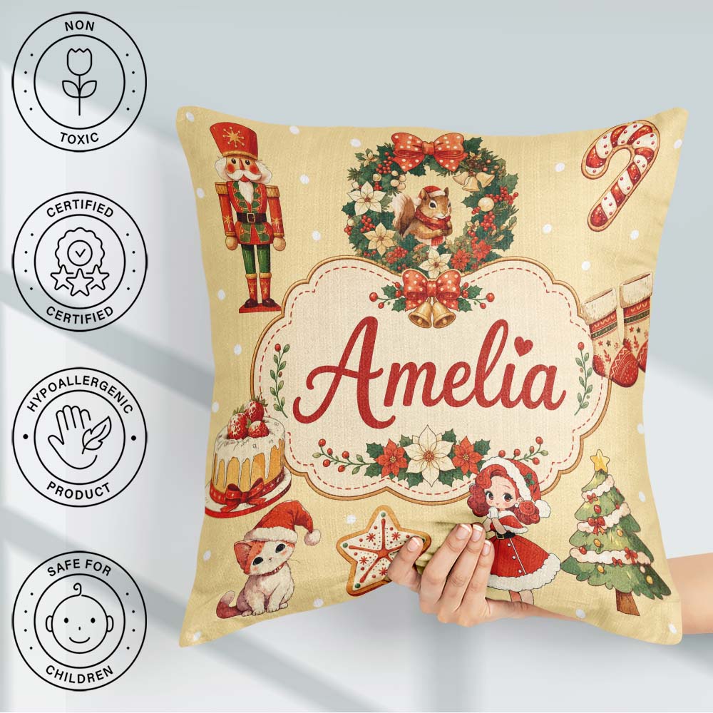 Custom Name Nutcracker Wreath Cake Girl on Warm Yellow with Snow Square Filled Cushion Throw Pillow Sofa Bed Home Decor Zip Washable UK Made