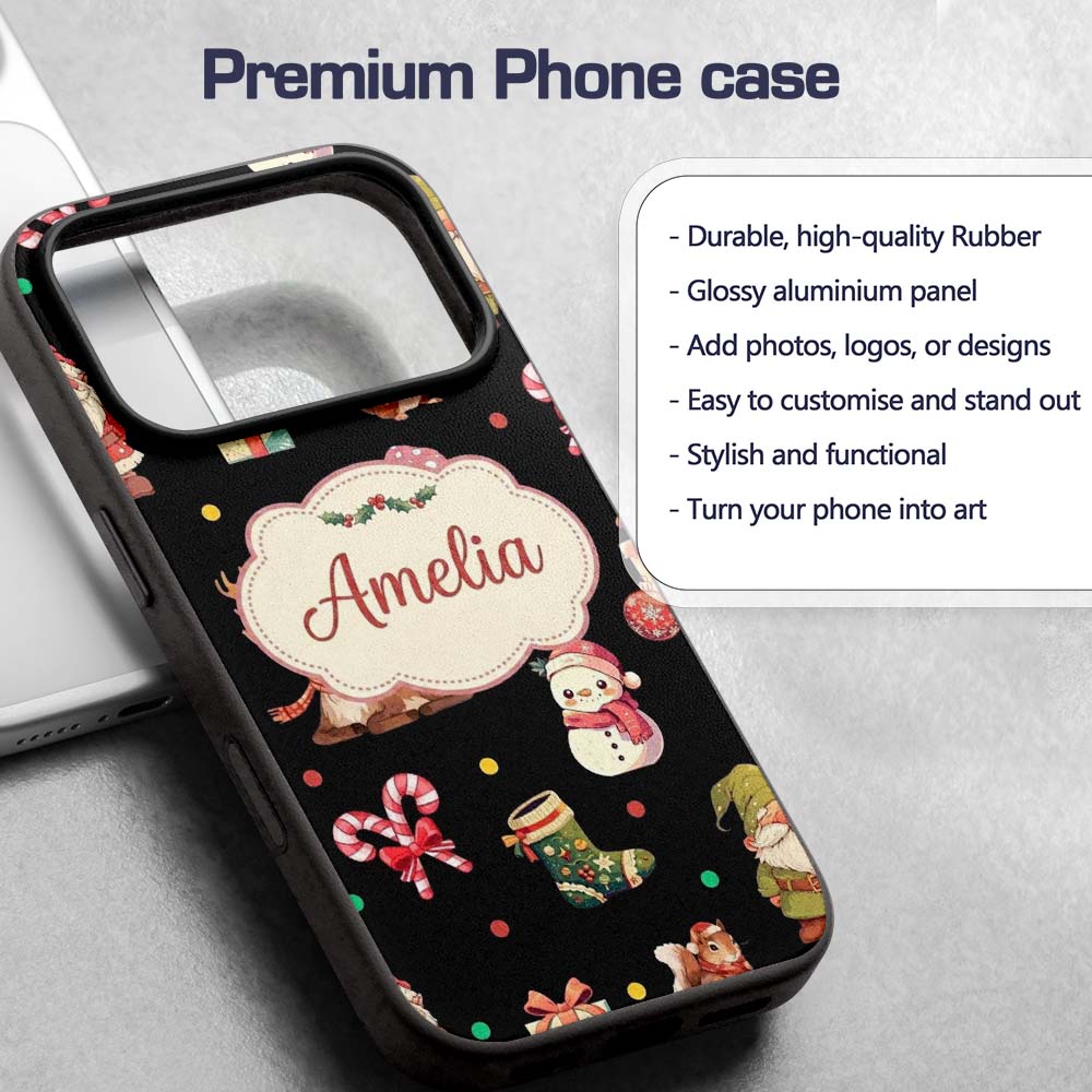 Christmas Gnome Reindeer Snowman Gift Candy Cane Custom Name Protective Phone Case Mobile Cover Durable Everyday Smartphone Shock Resistant
