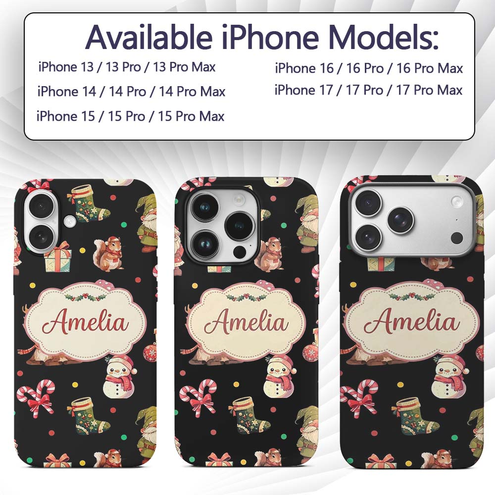 Christmas Gnome Reindeer Snowman Gift Candy Cane Custom Name Protective Phone Case Mobile Cover Durable Everyday Smartphone Shock Resistant
