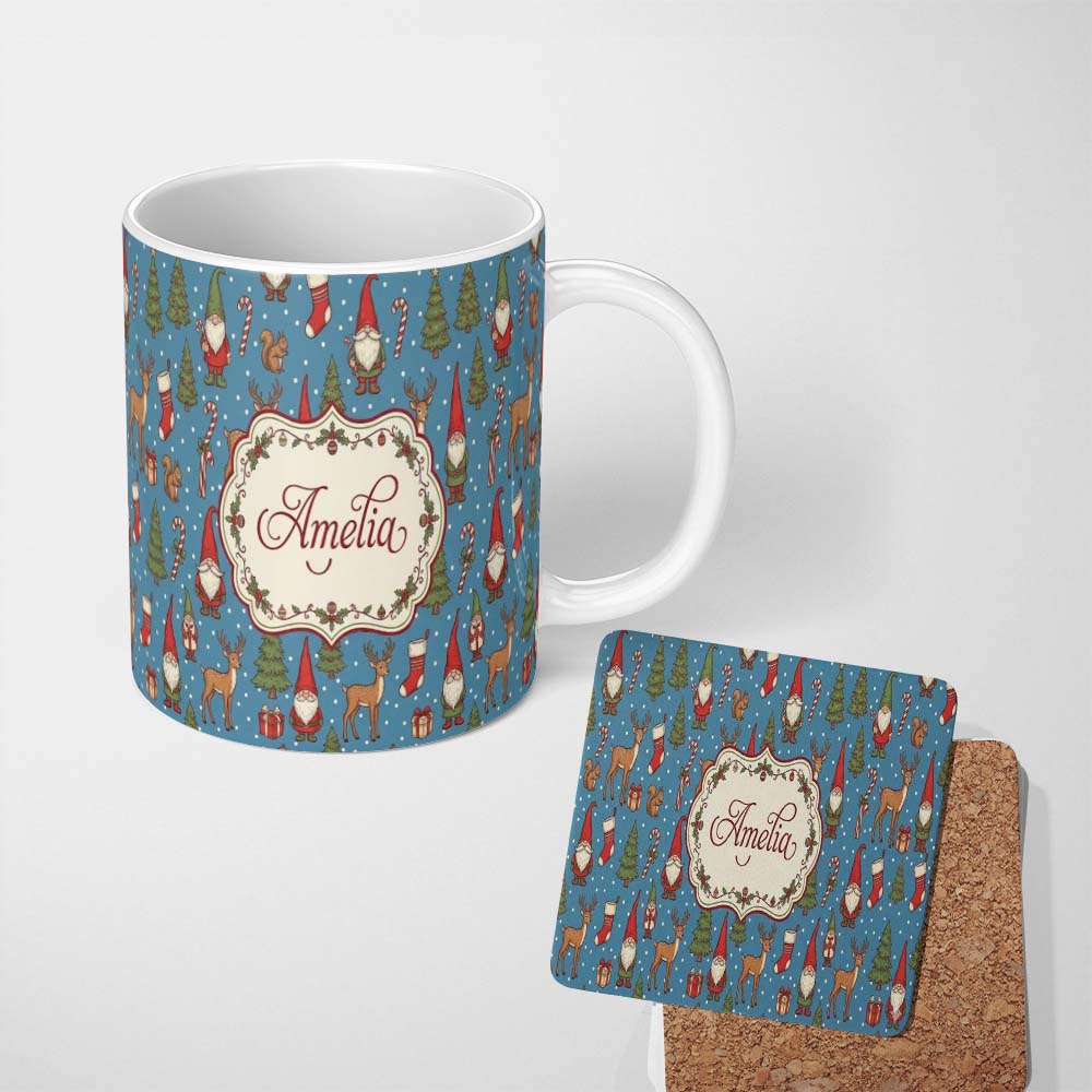 Personalized Custom Name Christmas Gnome Reindeer Snowman Gift on Blue Snow Dot Background 11oz Ceramic Coffee Tea Mug White Large Handle