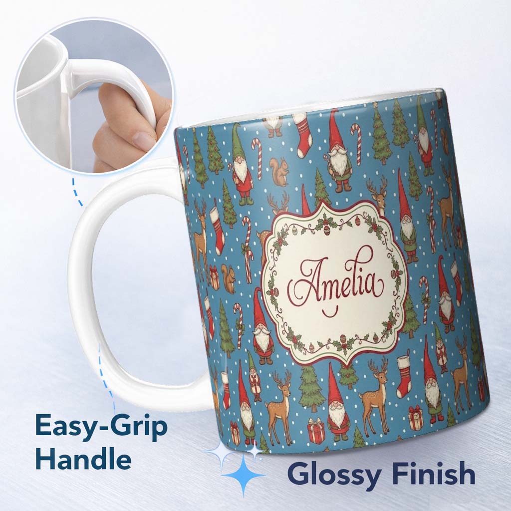 Personalized Custom Name Christmas Gnome Reindeer Snowman Gift on Blue Snow Dot Background 11oz Ceramic Coffee Tea Mug White Large Handle