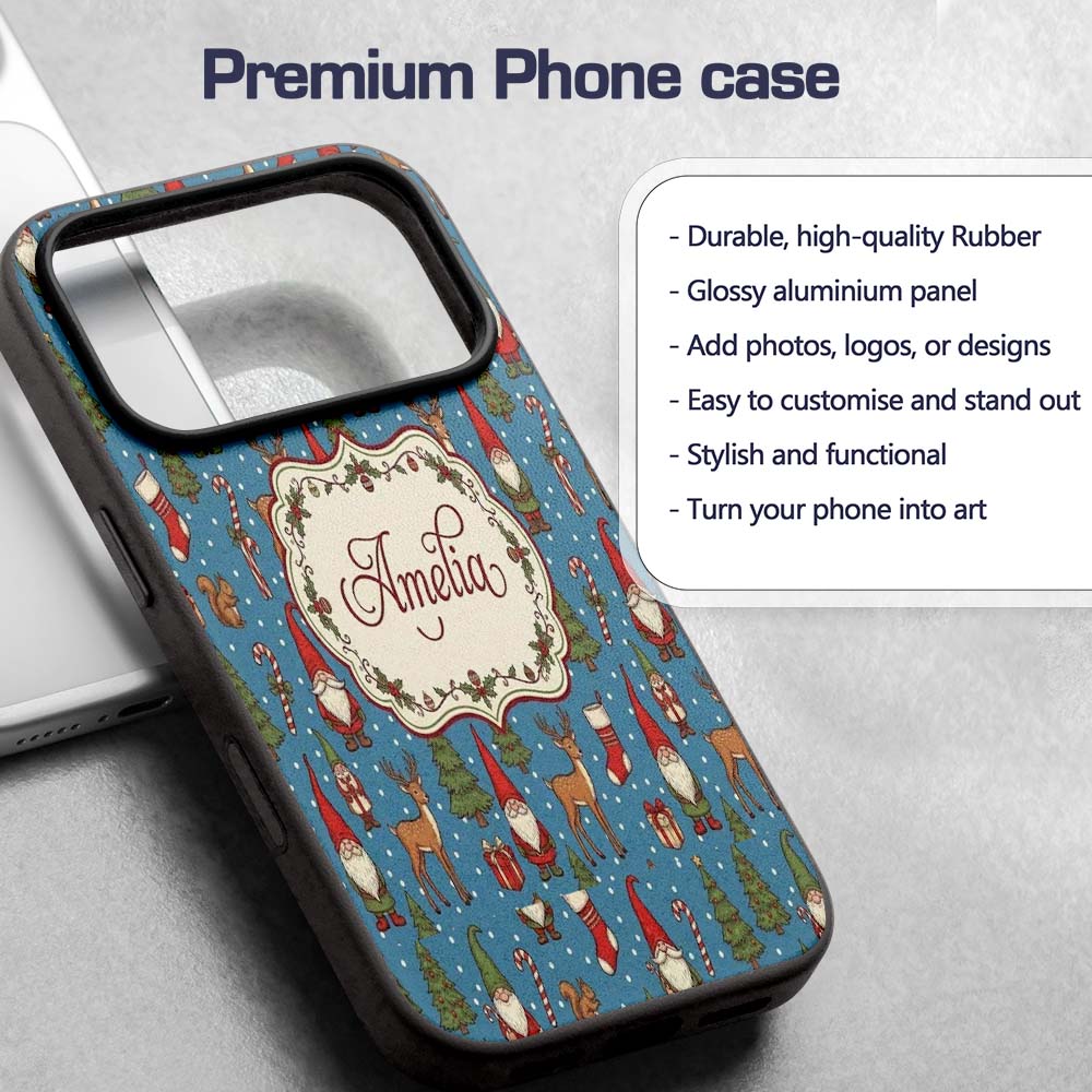 Christmas Gnome Reindeer Snowman Gift on Blue Custom Name Protective Phone Case Mobile Cover Durable Everyday Smartphone Shock Resistant