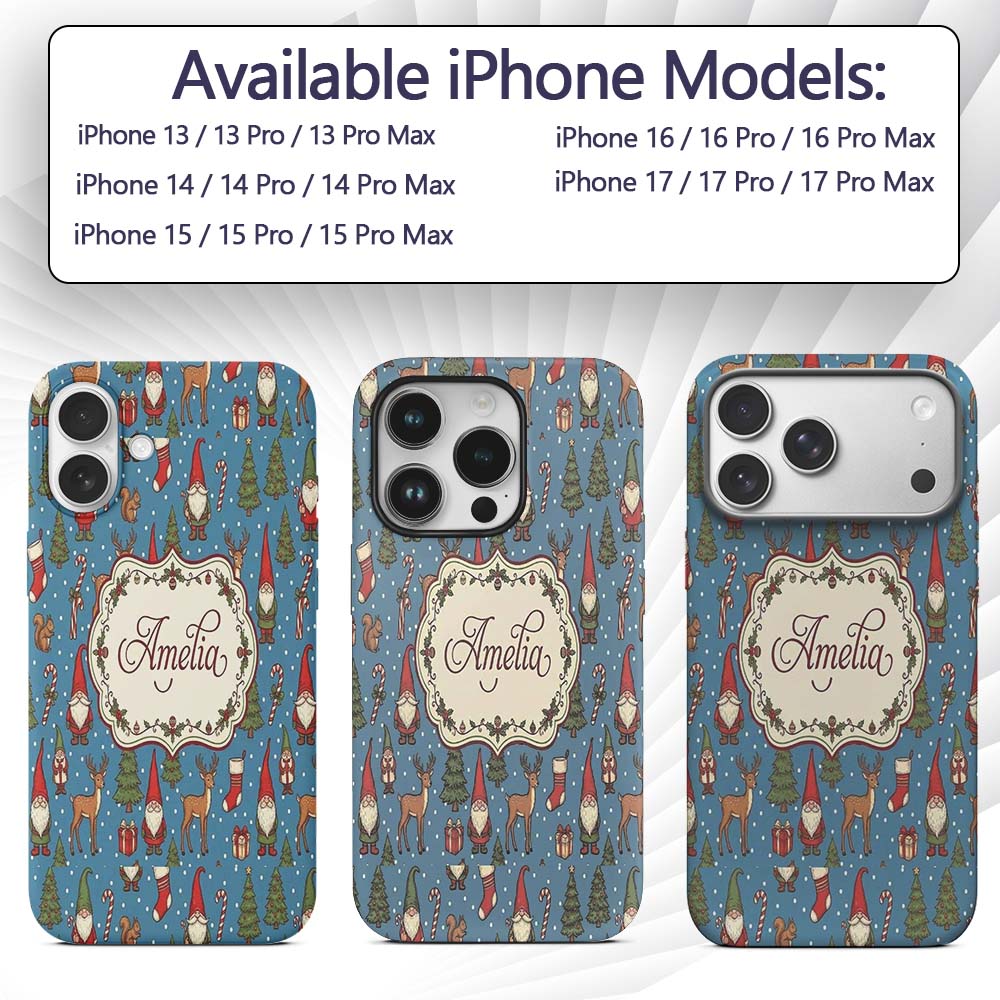 Christmas Gnome Reindeer Snowman Gift on Blue Custom Name Protective Phone Case Mobile Cover Durable Everyday Smartphone Shock Resistant