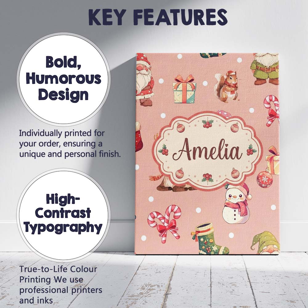 Personalised Name Christmas Gnome Reindeer Custom Unique Gift Idea Elegant Feature Canvas Wall Art Print Decor Picture Ready to Hang