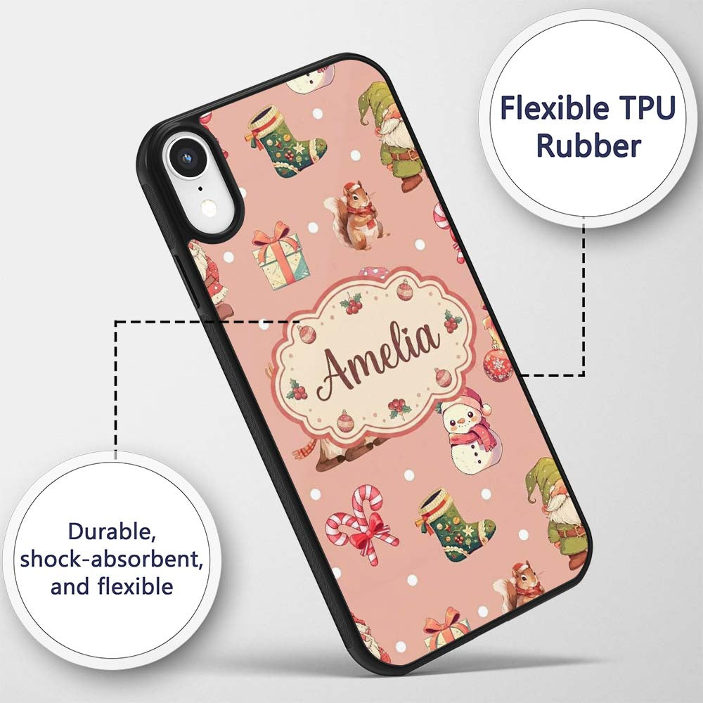 Christmas Gnome Reindeer Snowman Gift on Peach Custom Name Protective Phone Case Mobile Cover Durable Everyday Smartphone Shock Resistant