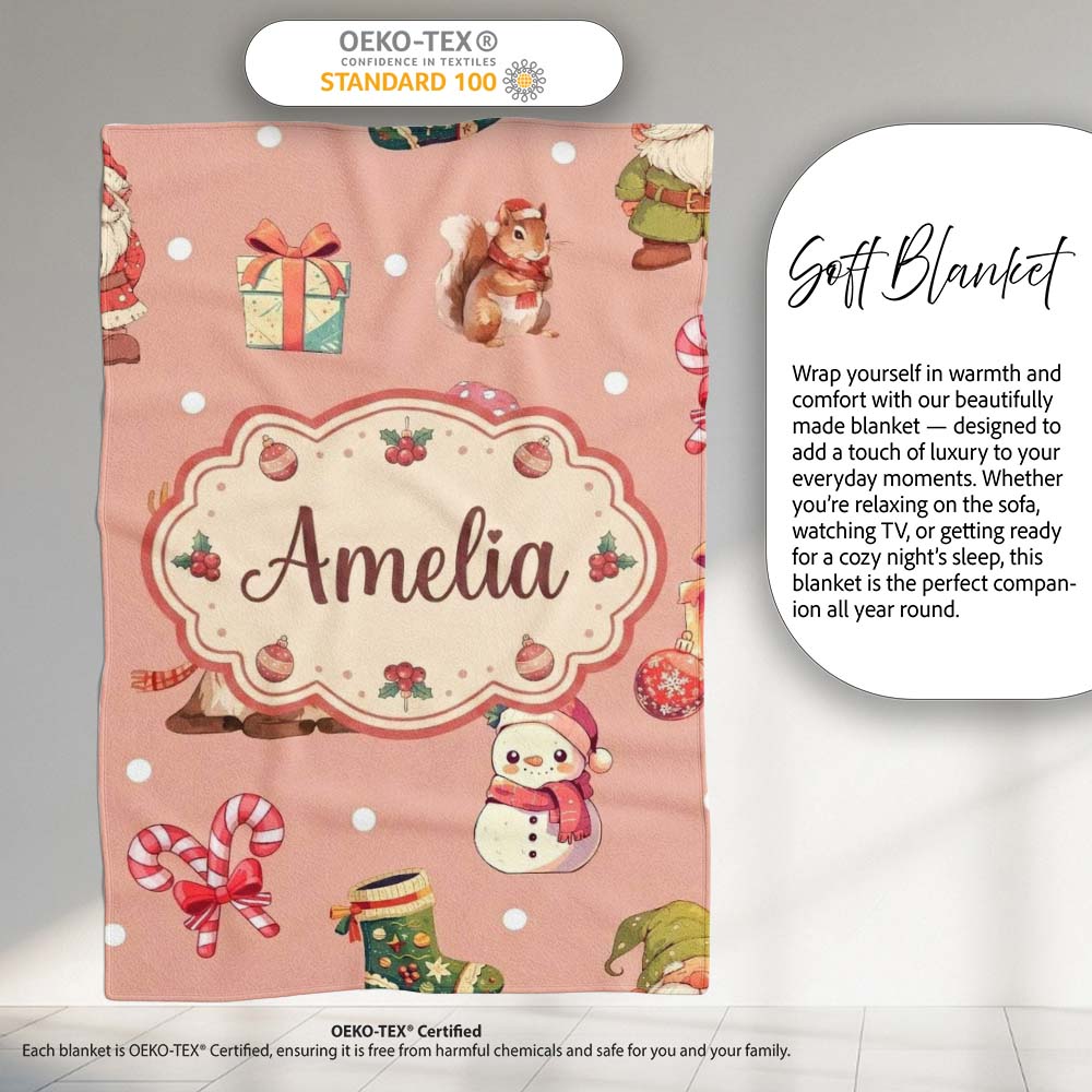 Christmas Gnome Reindeer Snowman Gift on Peach Snow Dot Background Personalised Custom Name Super Soft Fleece Blanket Bed Sofa Throw