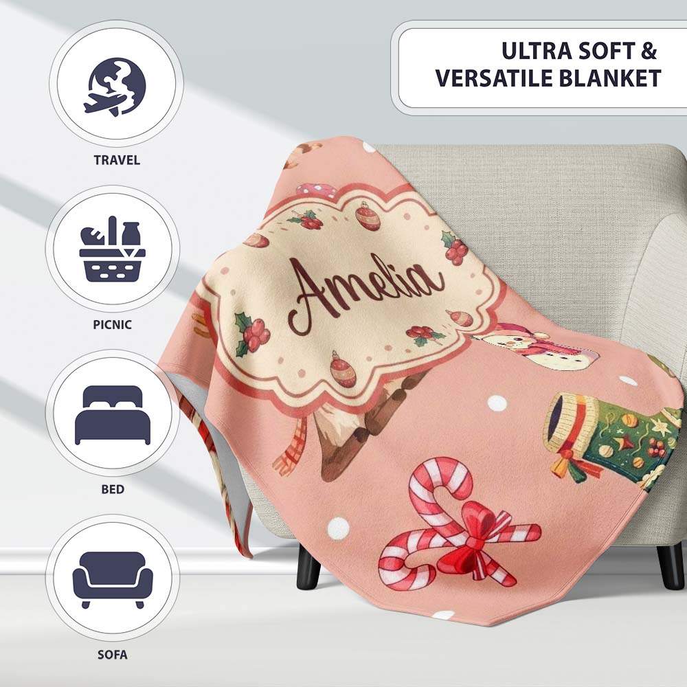 Christmas Gnome Reindeer Snowman Gift on Peach Snow Dot Background Personalised Custom Name Super Soft Fleece Blanket Bed Sofa Throw