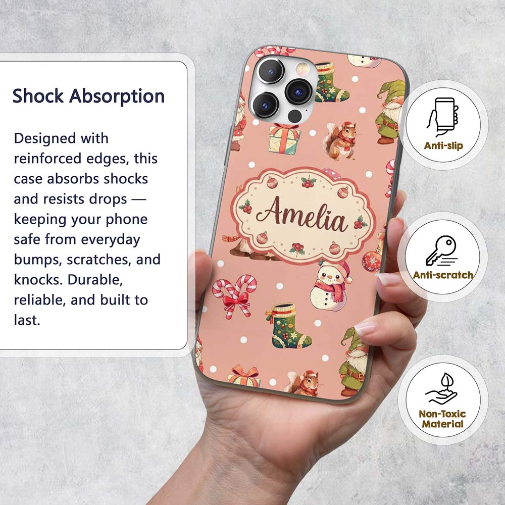 Christmas Gnome Reindeer Snowman Gift on Peach Custom Name Protective Phone Case Mobile Cover Durable Everyday Smartphone Shock Resistant