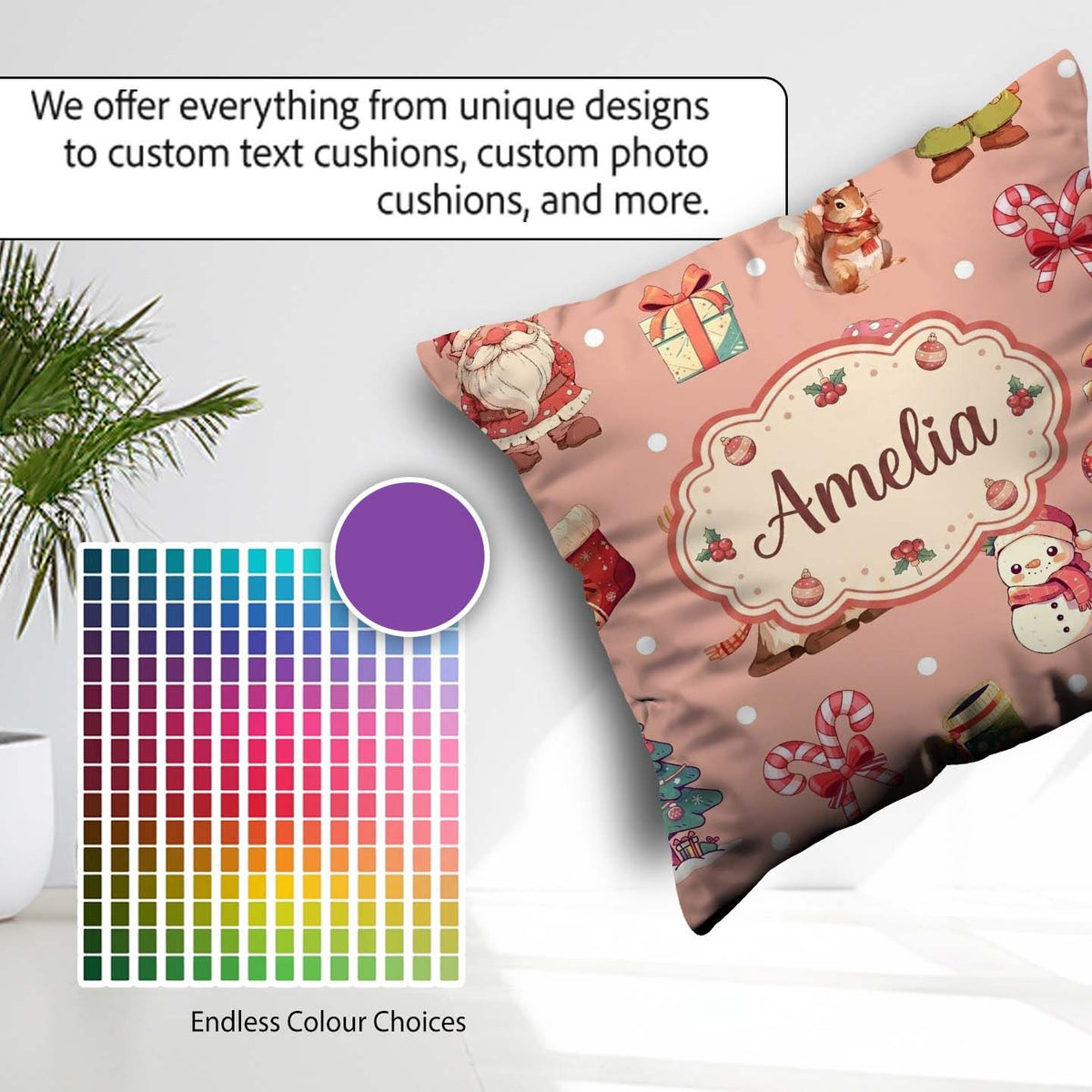 Custom Name Christmas Gnome Snowman on Peach Snow Dot Background Square Filled Cushion Throw Pillow Sofa Bed Home Decor Zip Washable UK Made