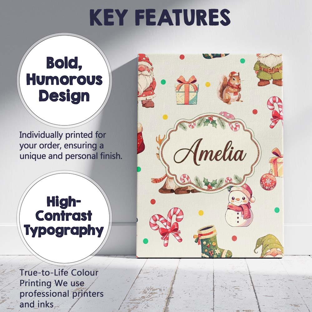 Personalised Name Christmas Gnome Reindeer Custom Unique Gift Idea Elegant Feature Canvas Wall Art Print Decor Picture Ready to Hang