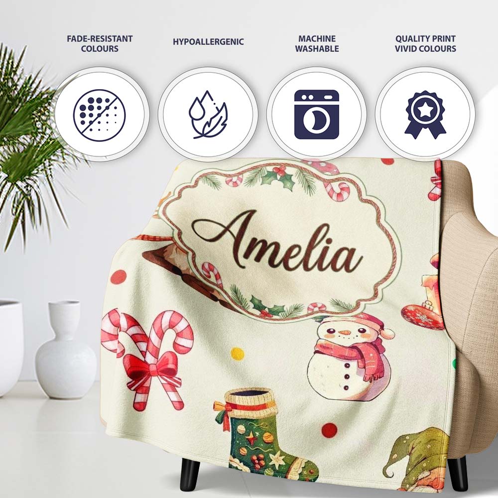 Christmas Gnome Reindeer Snowman Gift on Cream Polka Dot Background Personalised Custom Name Super Soft Fleece Blanket Bed Sofa Throw