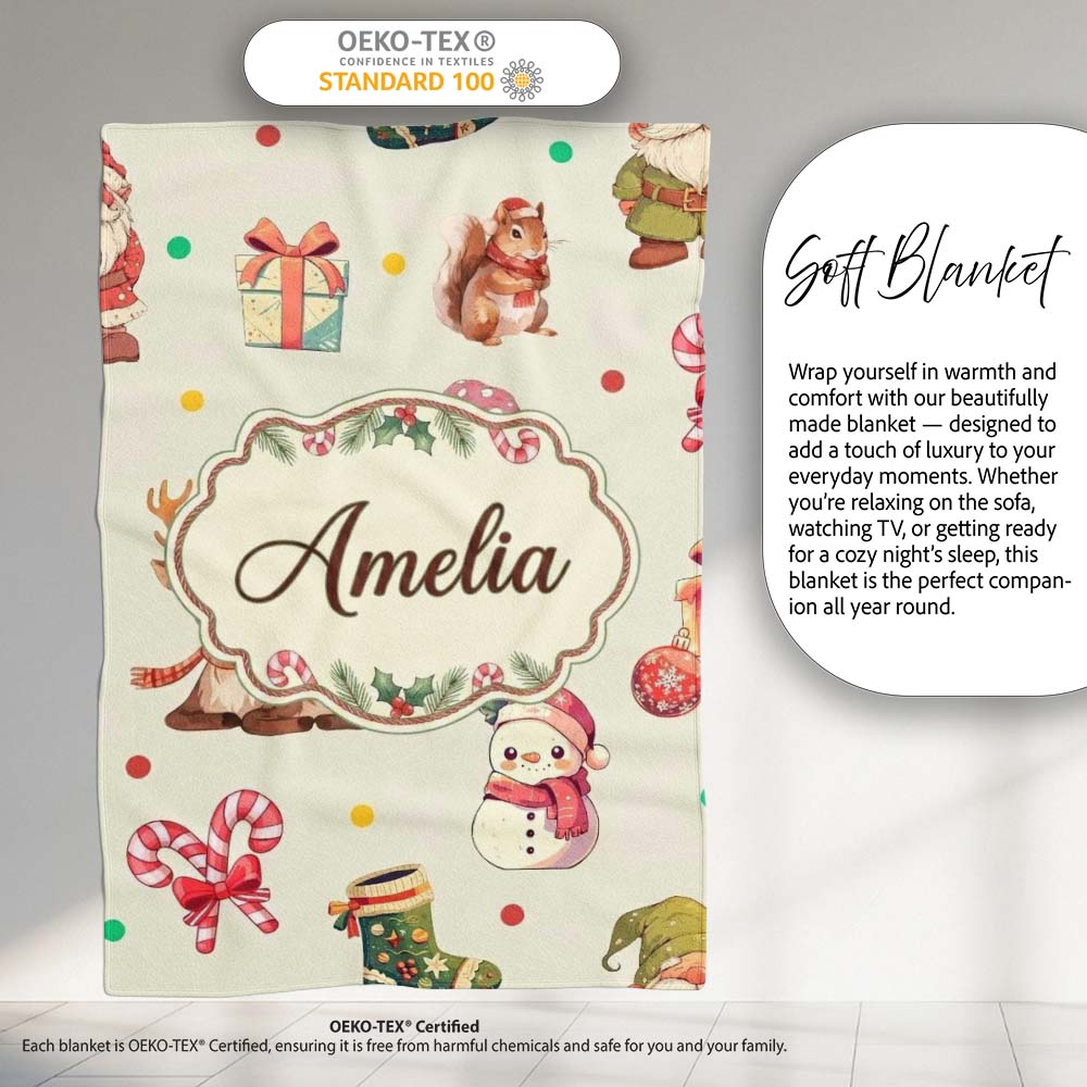 Christmas Gnome Reindeer Snowman Gift on Cream Polka Dot Background Personalised Custom Name Super Soft Fleece Blanket Bed Sofa Throw