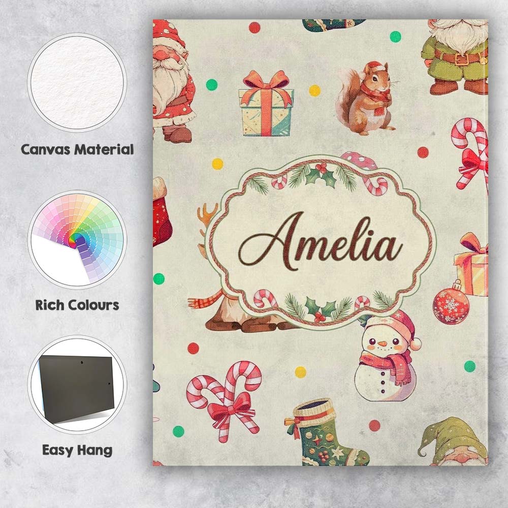 Personalised Name Christmas Gnome Reindeer Custom Unique Gift Idea Elegant Feature Canvas Wall Art Print Decor Picture Ready to Hang