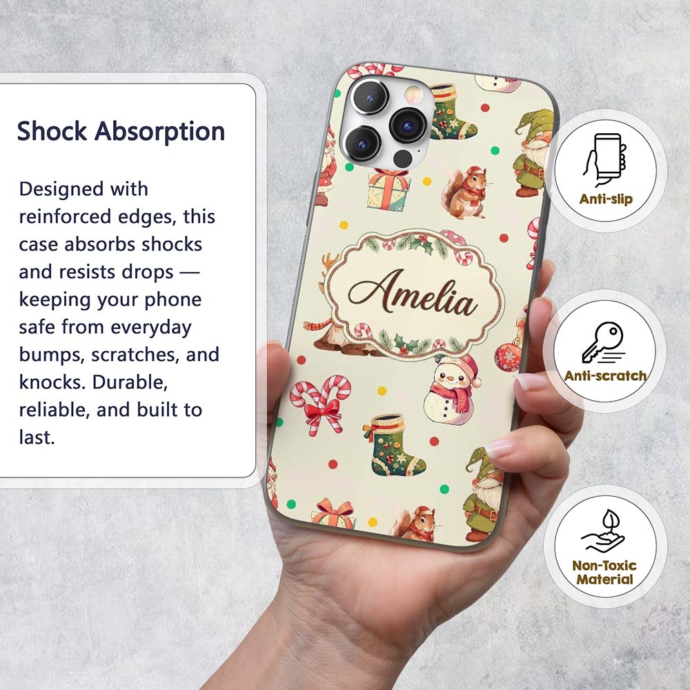 Christmas Gnome Reindeer Snowman Gift on Cream Custom Name Protective Phone Case Mobile Cover Durable Everyday Smartphone Shock Resistant