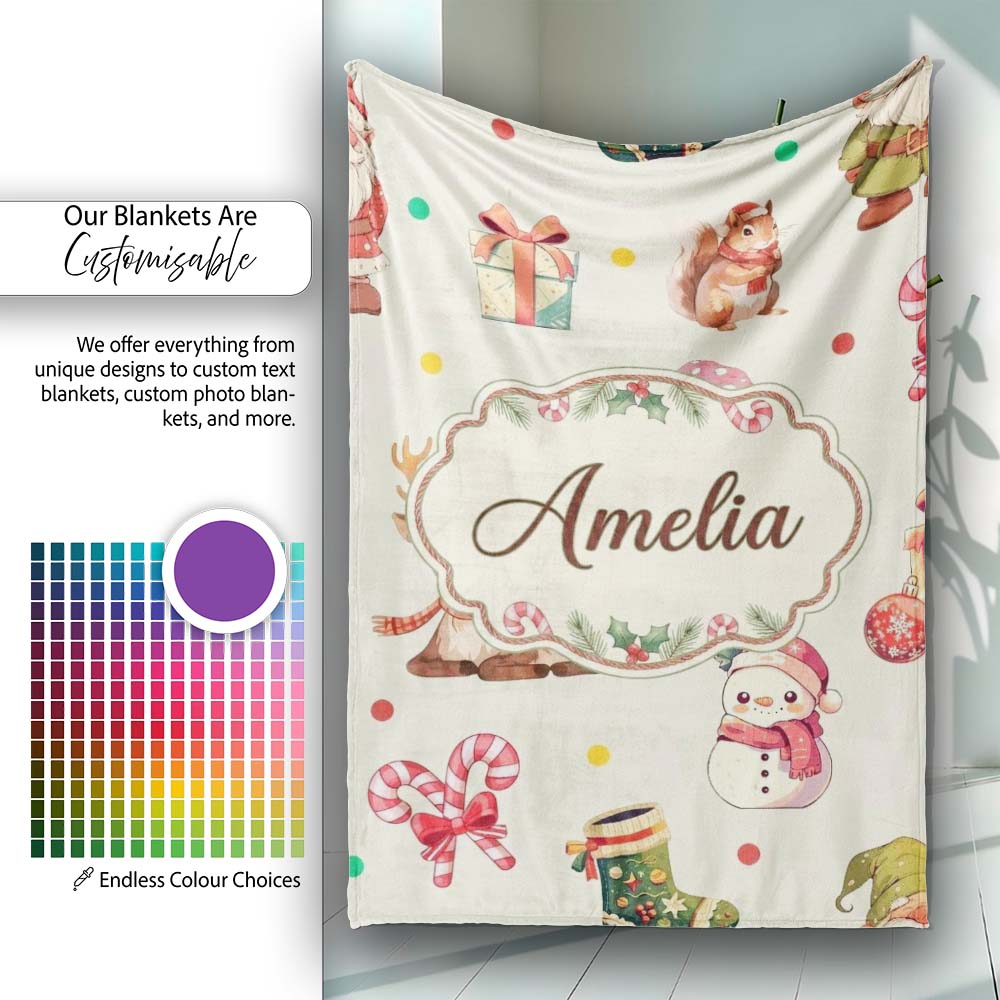 Christmas Gnome Reindeer Snowman Gift on Cream Polka Dot Background Personalised Custom Name Super Soft Fleece Blanket Bed Sofa Throw