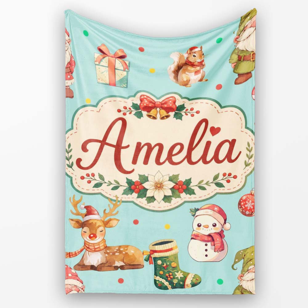 Christmas Gnome Reindeer Snowman Gift on Mint Polka Dot Background Personalised Custom Name Super Soft Fleece Blanket Bed Sofa Throw